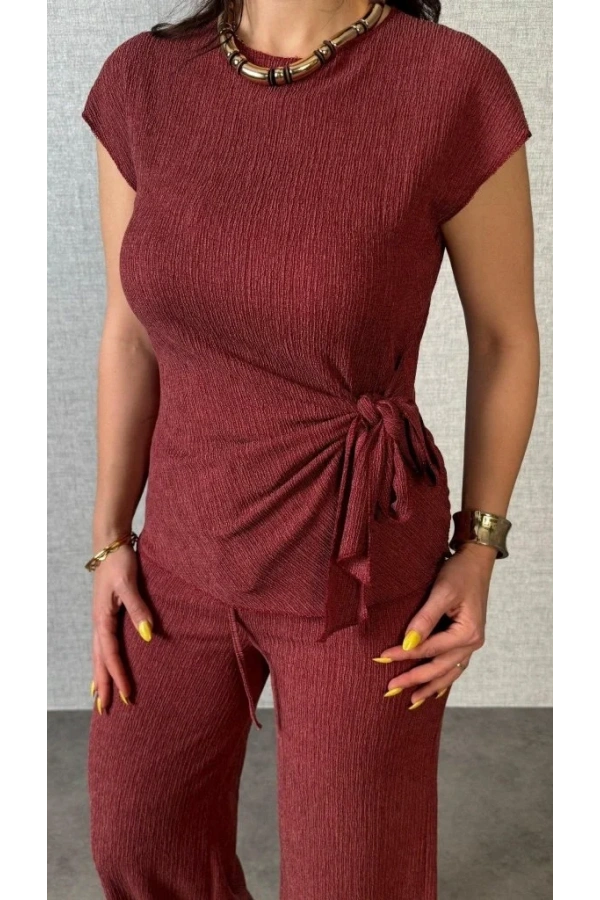 Kadın Kısa Kollu Bisiklet Yaka Yandan Bağlamalı Bürümcük Bluz Ve Pantolon Ikili Takım