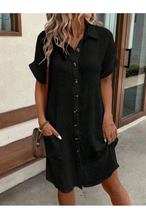 Kadın Kısa Kollu Bisiklet Yaka Yandan Yırtmaçlı Viskon Midi Elbise