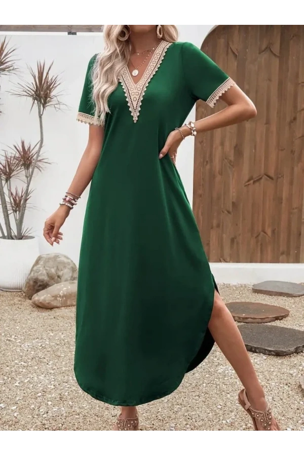 Kadın Kısa Kollu Dantel V Yakalı Uzun Viskon Elbise