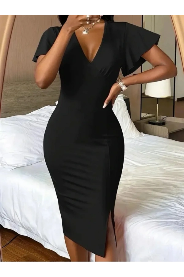Kadın Kısa Kollu Derin Dekolte V Yakalı Yırtmaçlı Midi Janjan Krep Elbise