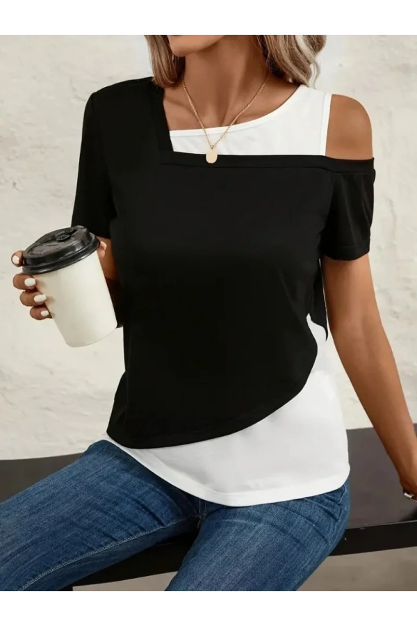 Kadın Kısa Kollu Geometrik Kesin Detaylı çift Renkli Viskon Bluz