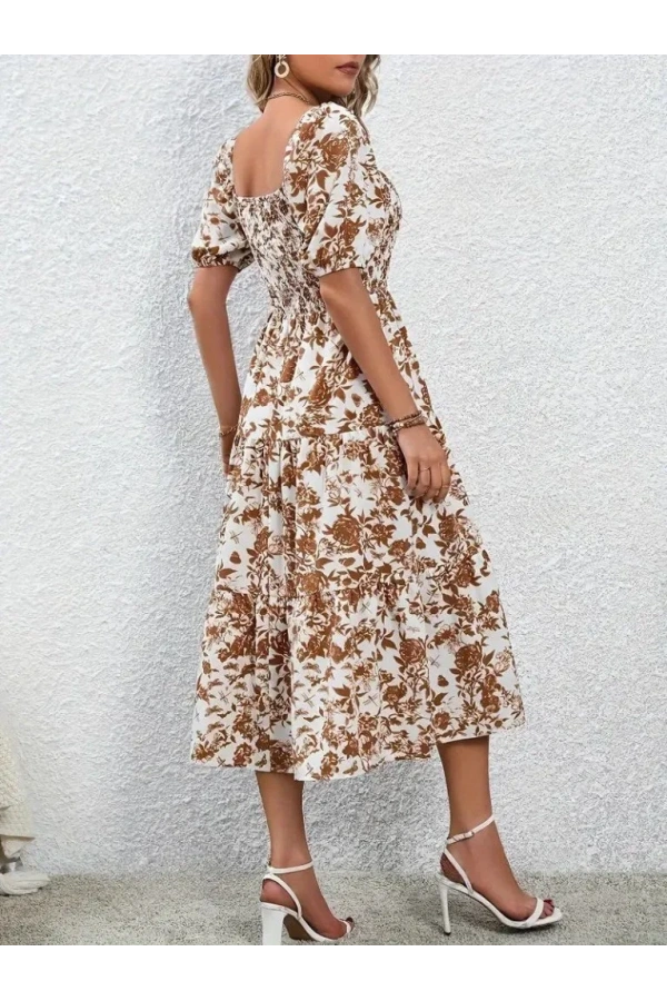 Kadın Kısa Kollu Kare Yakalı Lastikli Desenli Süprem Elbise