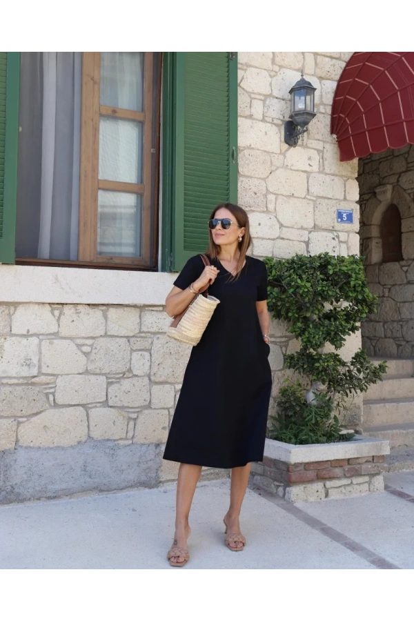 Kadın Kısa Kollu V Yaka Cepli A Kesim Detaylı Viskon Elbise
