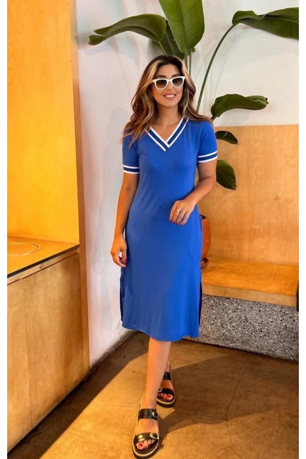 Kadın Kısa Kollu V Yaka Ve Yaka Ribana Detay Midiboy Viskon Elbise