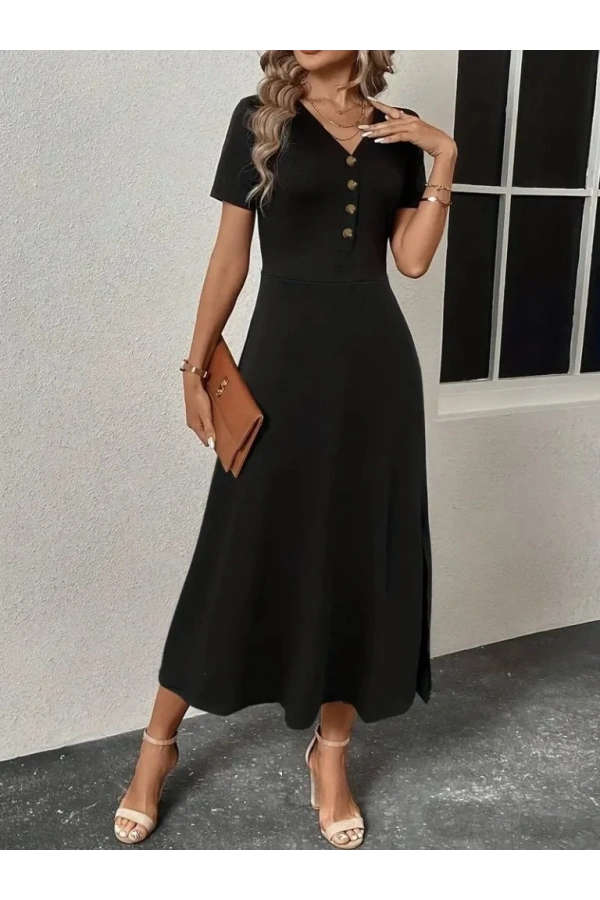 Kadın Kısa Kollu V Yakalı önden Düğmeli Yırtmaçlı Midi Viskon Elbise