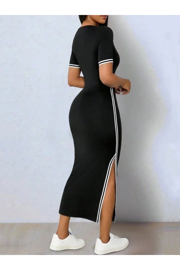 Kadın Kısa Kollu V Yakalı Yandan Yırtmaçlı Viskon Iki Iplik Elbise