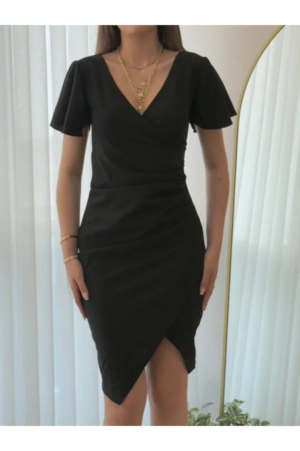 Kadın Kısa Kollu Volanlı Kruvaze Yaka Yanlardan Büzgülü Ithal Krep Elbise