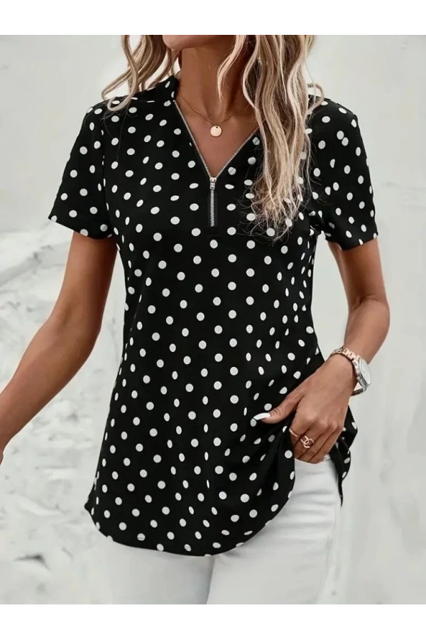 Kadın Kısa Kollu Yakadan Fermuarlı Puantiyeli Uzun Dokuma Viskon Bluz