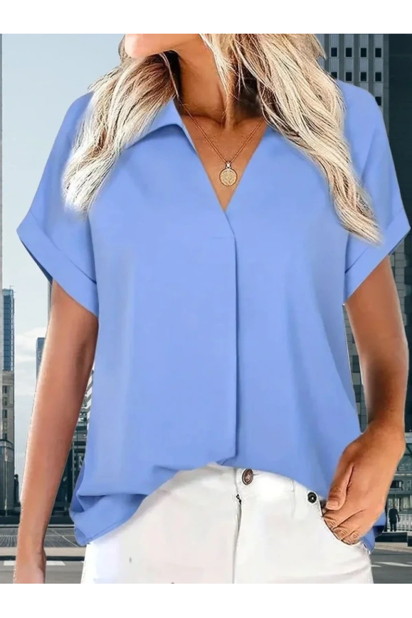 Kadın Kısa Kollu Yakalı Uzun Sandy Bluz
