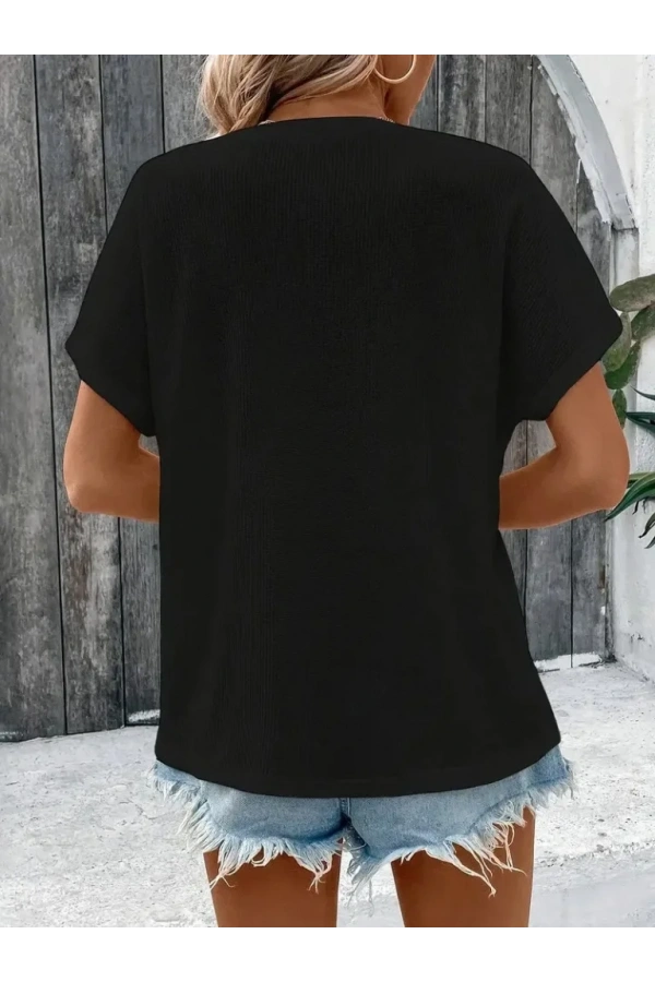 Kadın Kısa Kollu Yakası Açık önden Düğmeli Waffle Bluz