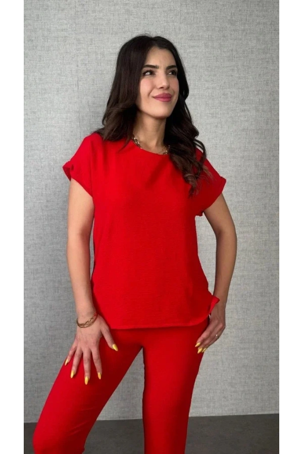Kadın Kısa Kollu Yuvarlak Yaka Aerobin Bluz Ve Pantolon Ikili Takım