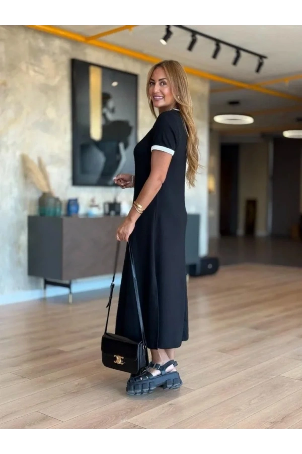 Kadın Kısa Kollu Yuvarlak Yaka Yandan Yırtmaçlı Midi Viskon Elbise