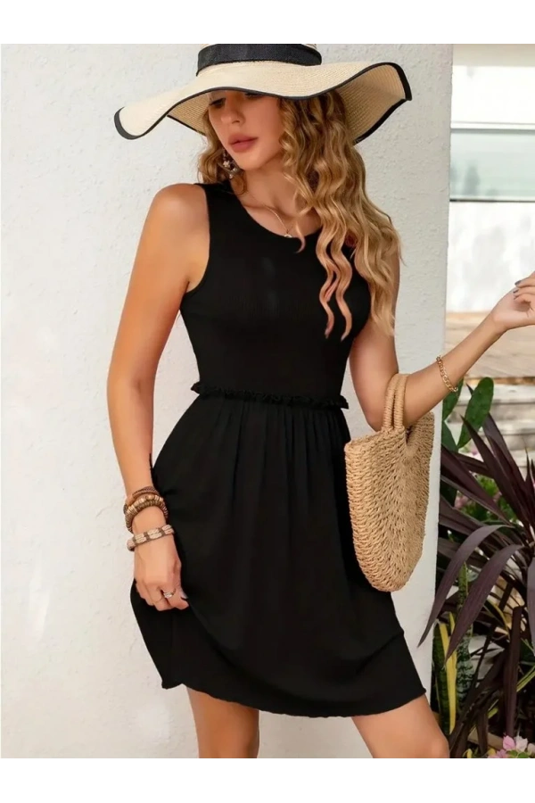 Kadın Kolsuz Bel Lastik Ve Büzgü Detay Viskon Mini Elbise