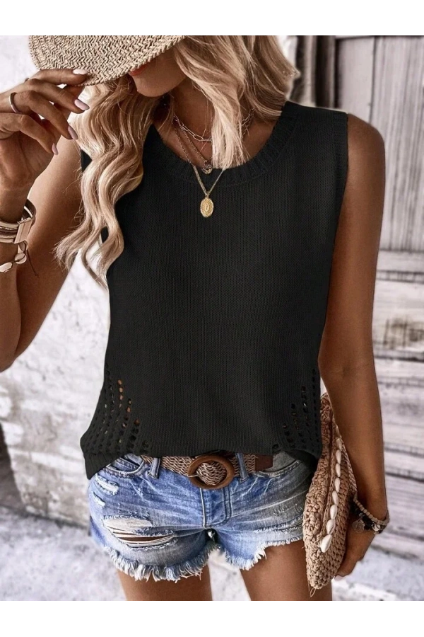 Kadın Kolsuz Bisiklet Yakayanları Ajur Detay Triko Bluz