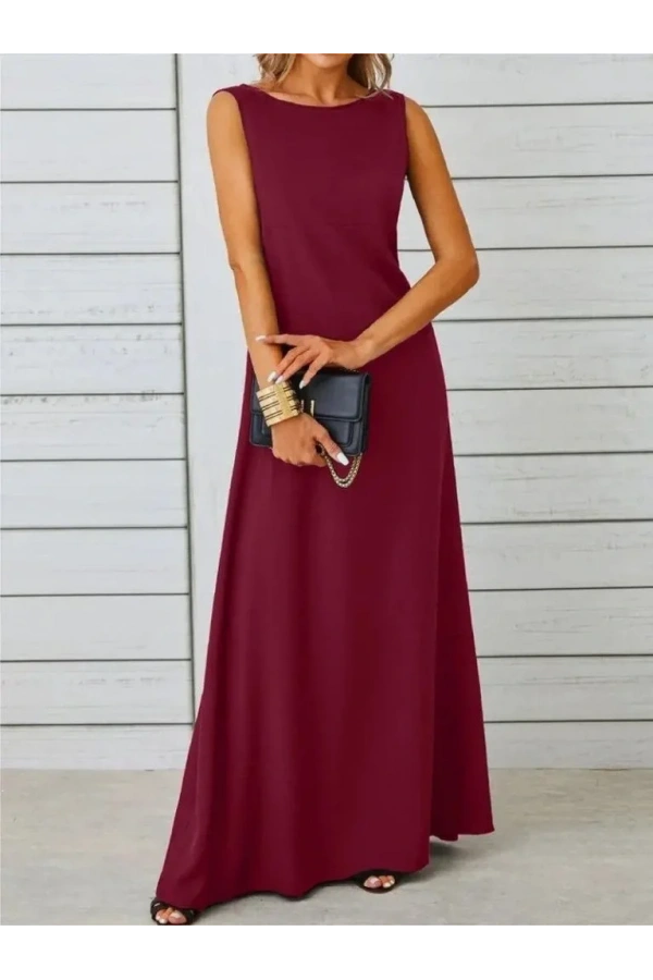 Kadın Kolsuz Kayık Yaka Maksi Janjan Krep Elbise