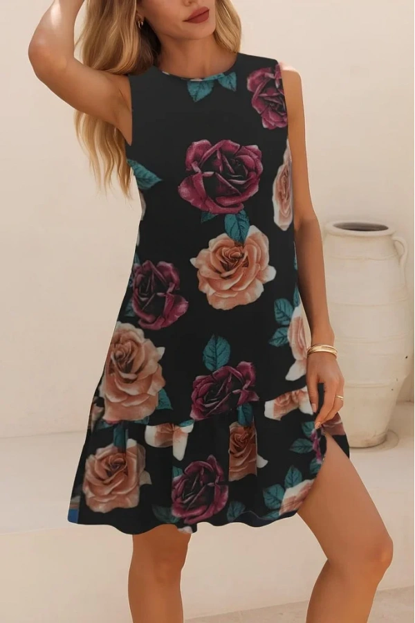 Kadın Kolsuz Sırttan Bağlamalı Fırfırlı Leopar Desenli Süprem Elbise