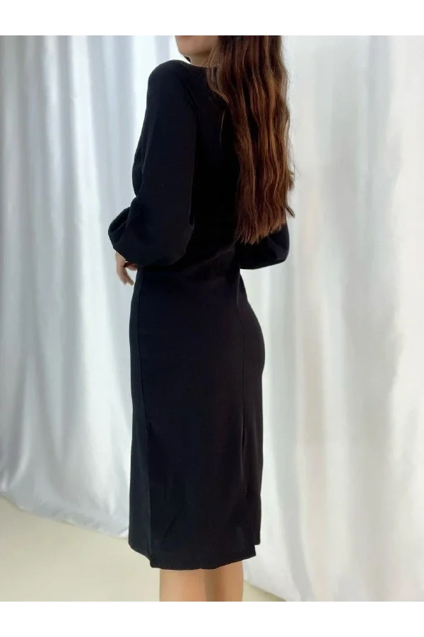 Kadın Kruvaze Yaka Balon Kol Midi Boy Elbise