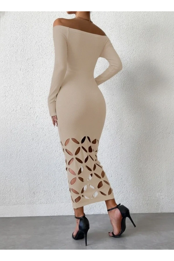 Kadın Madonna Yaka Uzun Kollu Lazer çiçek Kesim Detaylı Uzun Ithal Krep Elbise