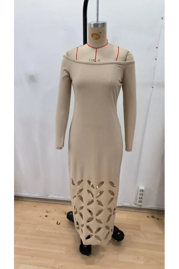 Kadın Madonna Yaka Uzun Kollu Lazer çiçek Kesim Detaylı Uzun Ithal Krep Elbise