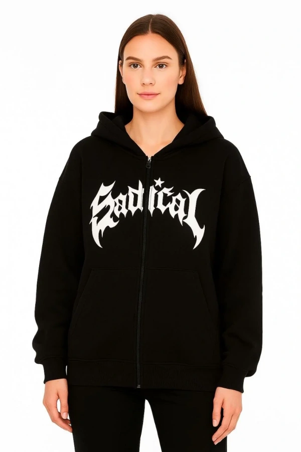 Kadın Kapüşonlu 3 İplik Şardonlu Önü Baskılı Fermuarlı Oversize Sweatshirt - Siyah