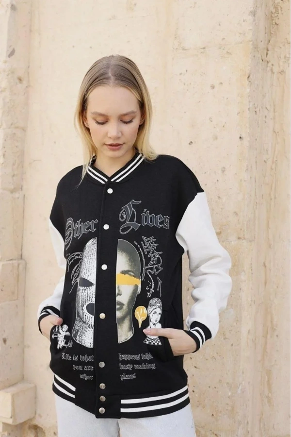 Kadın Oversize Kolej Tarzı Sweatshirt – 3 İplik İçi Pamuklu, Baskılı, Rahat Günlük Ceket - Siyah