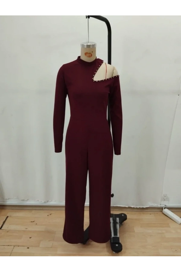 Kadın Tek Omuzdan Açık Balıkçı Yaka Taş Detaylı Uzun Ithal Krep Tulum