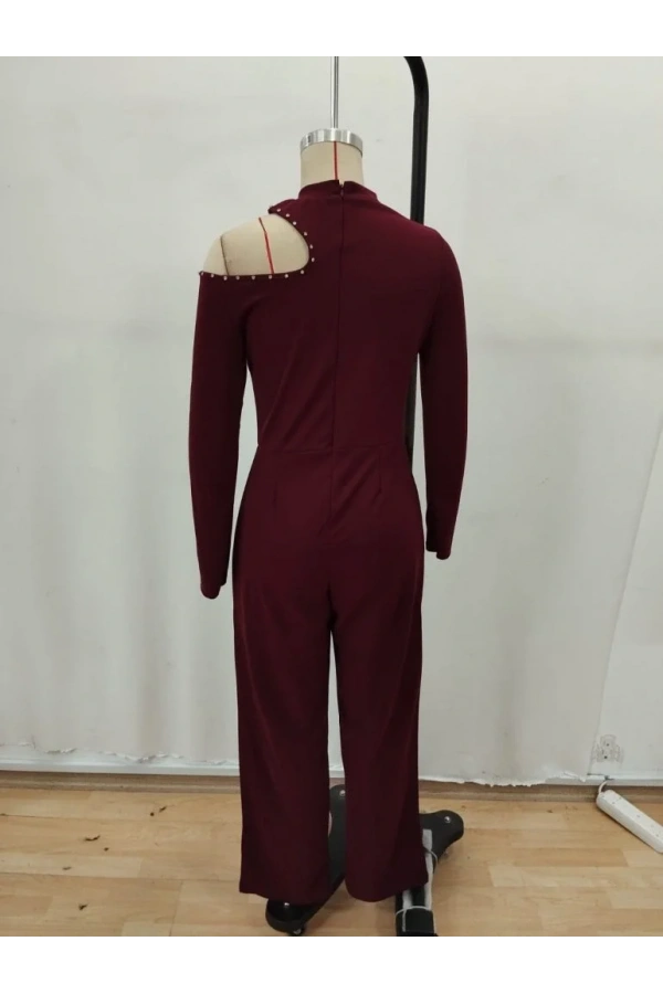 Kadın Tek Omuzdan Açık Balıkçı Yaka Taş Detaylı Uzun Ithal Krep Tulum