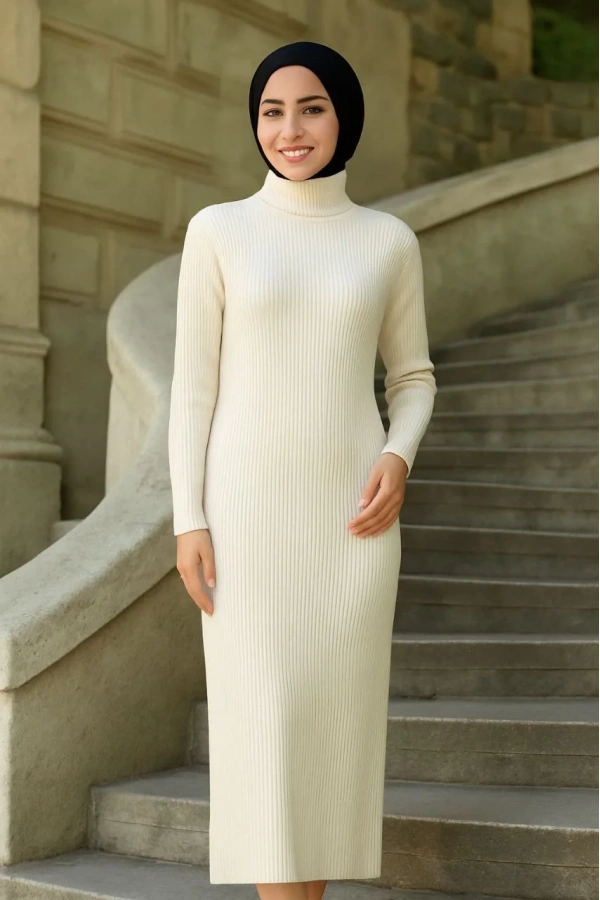 Kadın Tesettür Triko Elbise – Boğazlı Uzun Fitilli Dokuma, Esnek Tam Kalıp, 130 cm Midi Boy, Bahar & Kış Şık Rahat Stil - Beyaz