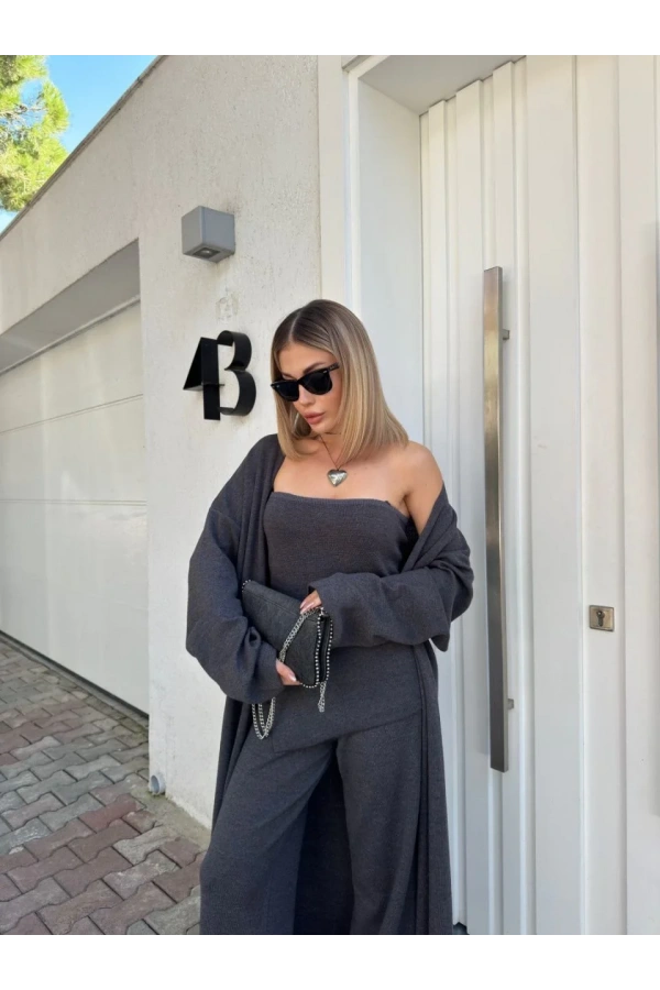 Kadın Triko Üçlü Takım - Füme