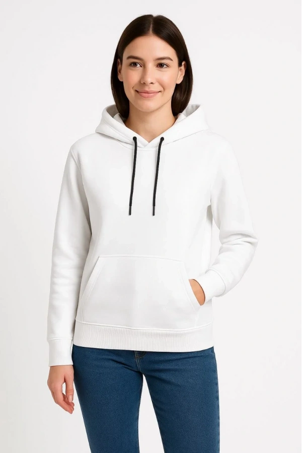Kadın Üç İplik Kapüşonlu Kanguru Çepli SweatShirt hoodie - Beyaz