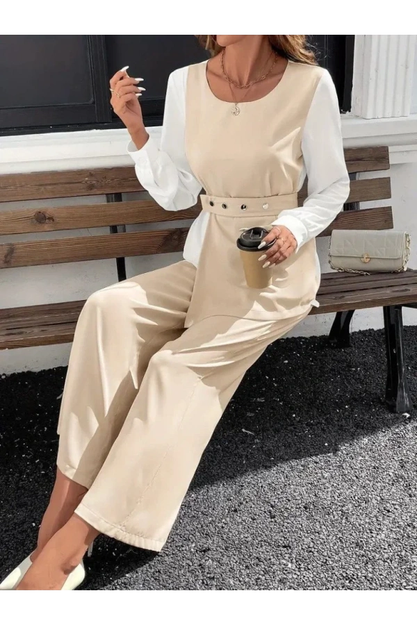 Kadın Uzun Kollu Açık Yakalı çift Renkli Kemerli Ithal Krep Ikili Takım