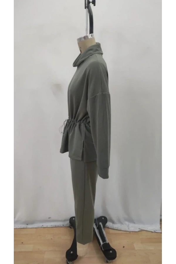 Kadın Uzun Kollu Balıkçı Yaka Belden Lastikli Modal Bluz Ve Pantolon Ikili Takım