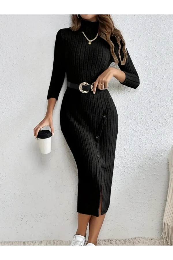 Kadın Uzun Kollu Balıkçı Yaka Yırtmaçlı Düğmeli şardonlu Kaşkorse Elbise