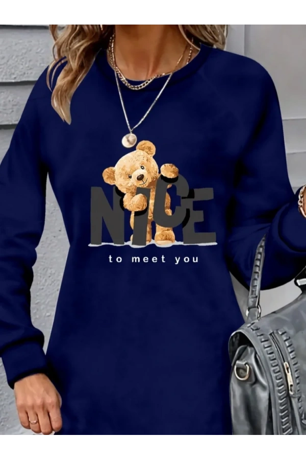 Kadın Uzun Kollu Bisiklet Yaka Ayı Desenli Viskon Iki Iplik Elbise