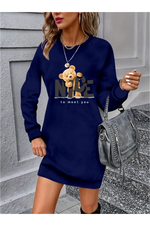 Kadın Uzun Kollu Bisiklet Yaka Ayı Desenli Viskon Iki Iplik Elbise