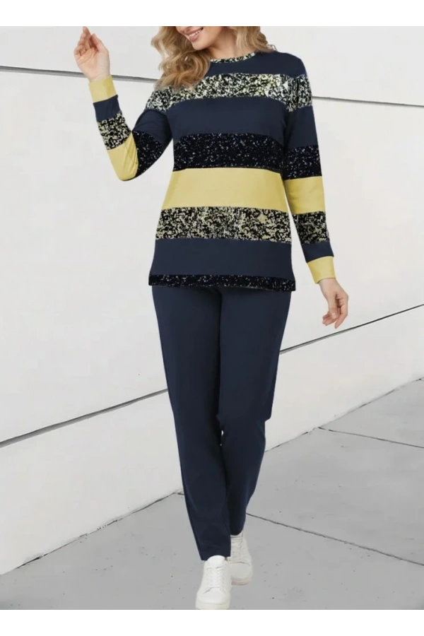 Kadın Uzun Kollu Bisiklet Yaka çizgili Desen Iki Iplik Bluz Ve Pantolon Ikili Takım