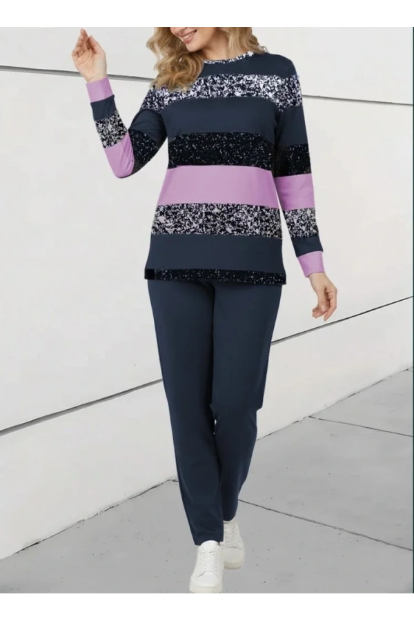 Kadın Uzun Kollu Bisiklet Yaka çizgili Desen Iki Iplik Bluz Ve Pantolon Ikili Takım