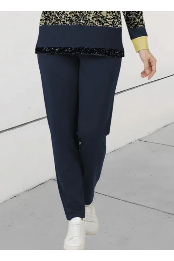 Kadın Uzun Kollu Bisiklet Yaka çizgili Desen Iki Iplik Bluz Ve Pantolon Ikili Takım