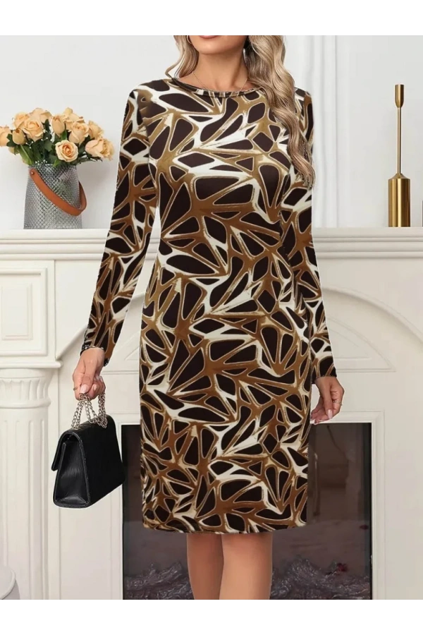 Kadın Uzun Kollu Bisiklet Yaka Desenli Dalgıç Kısa Elbise