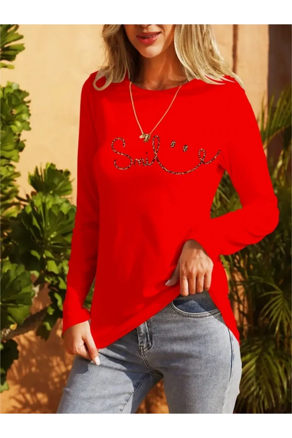 Kadın Uzun Kollu Bisiklet Yaka Gülümseyen Surat Desenli Viskon Bluz