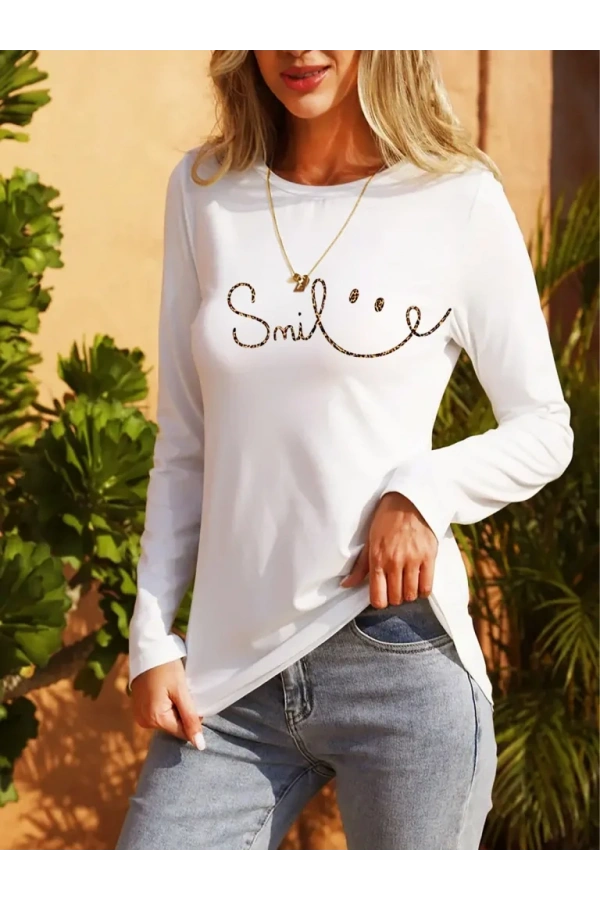 Kadın Uzun Kollu Bisiklet Yaka Gülümseyen Surat Desenli Viskon Bluz