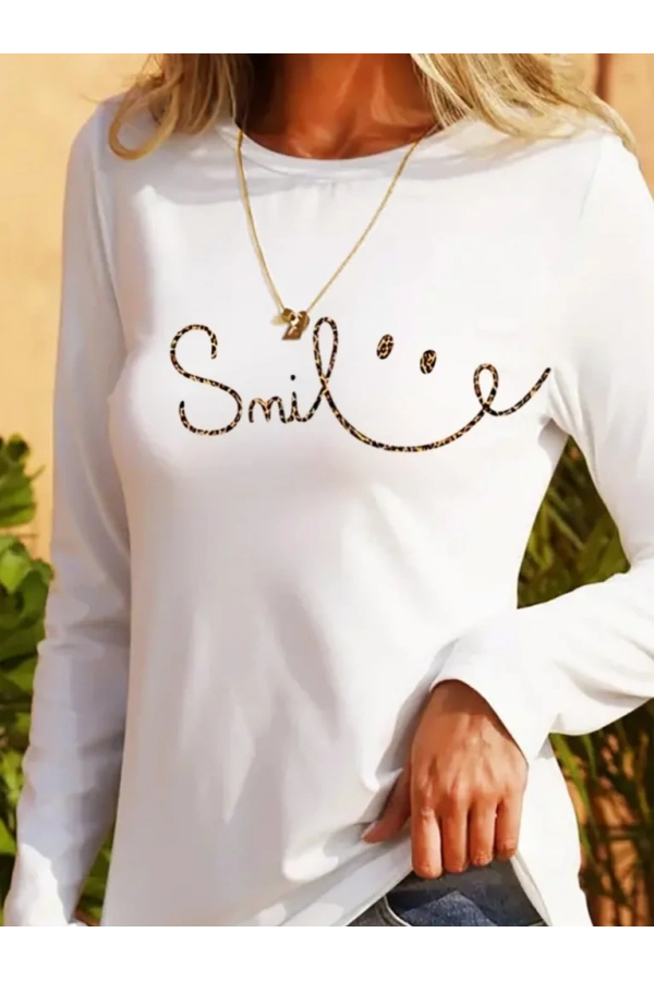 Kadın Uzun Kollu Bisiklet Yaka Gülümseyen Surat Desenli Viskon Bluz
