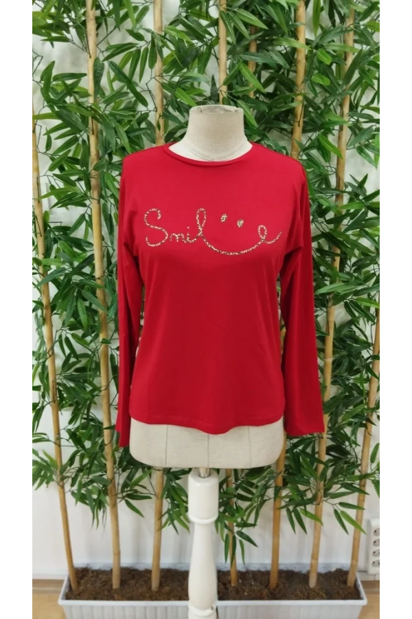 Kadın Uzun Kollu Bisiklet Yaka Gülümseyen Surat Desenli Viskon Bluz