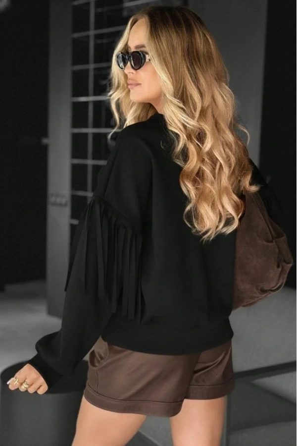 Kadın Uzun Kollu Bisiklet Yaka Kolları Püsküllü Modal Bluz