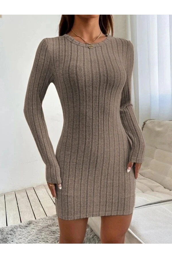 Kadın Uzun Kollu Bisiklet Yaka şardonlu Kalın Fitilli Kaşkorse Mini Boy Elbise