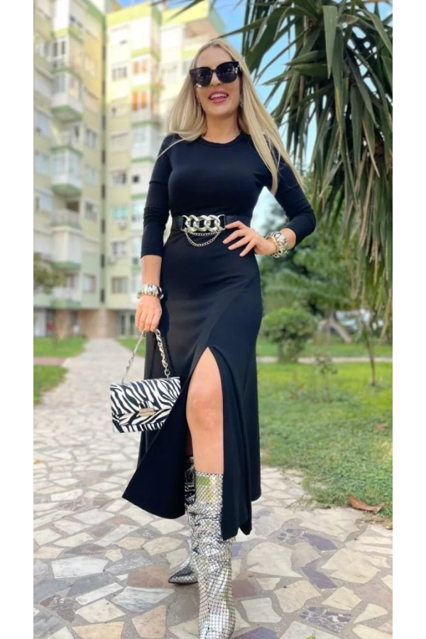 Kadın Uzun Kollu Bisiklet Yaka Yırtmaçlı Kemerli Uzun çilek Elbise