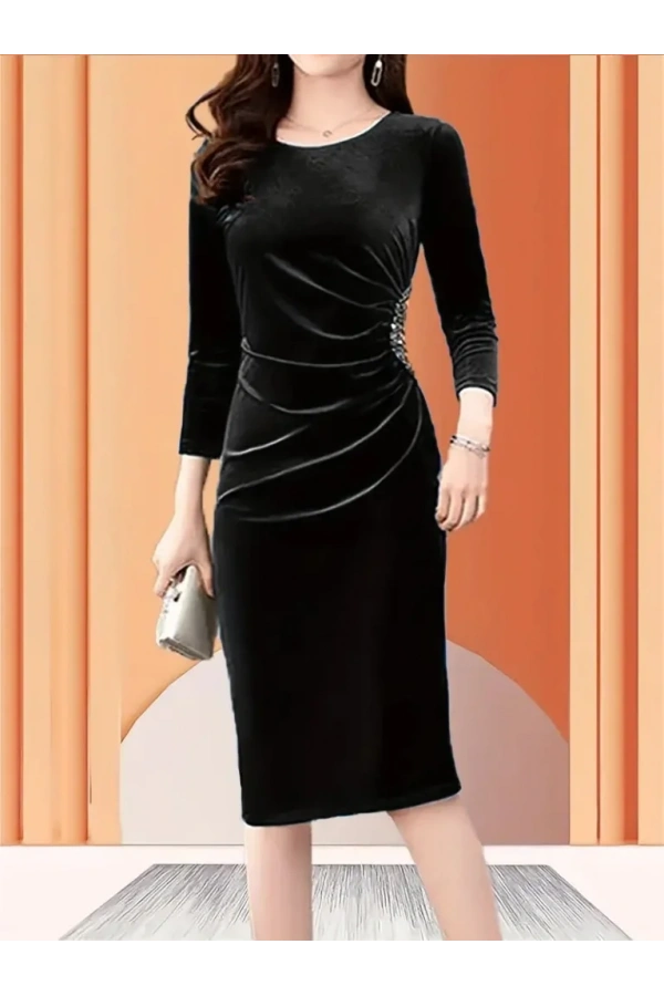 Kadın Uzun Kollu Bot Yaka Yanı Taş Detaylı Midi Kadife Elbise