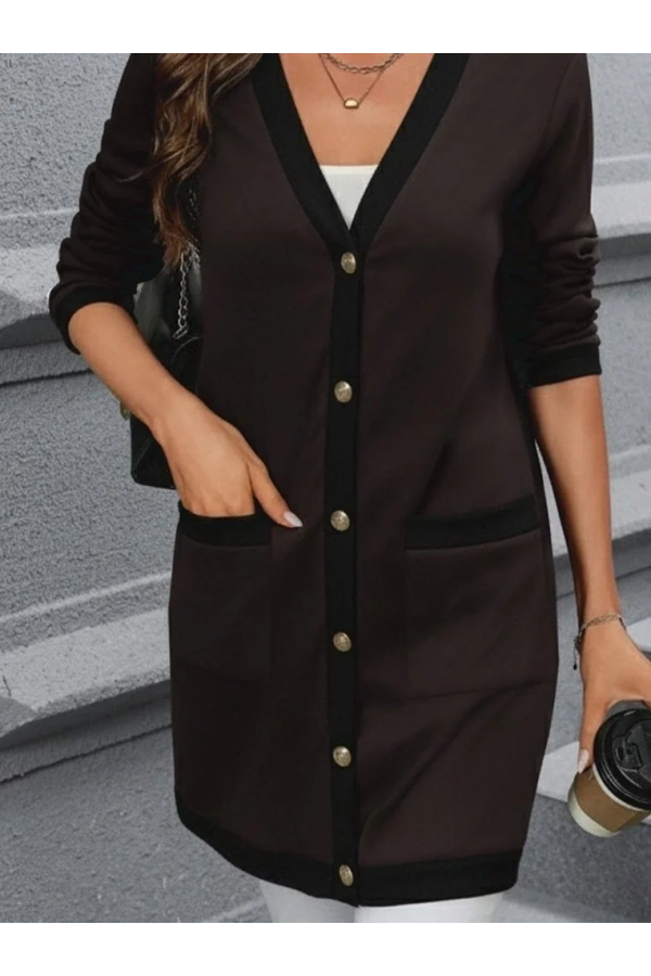 Kadın Uzun Kollu Cepli önden Düğmeli Uzun Modal Ceket