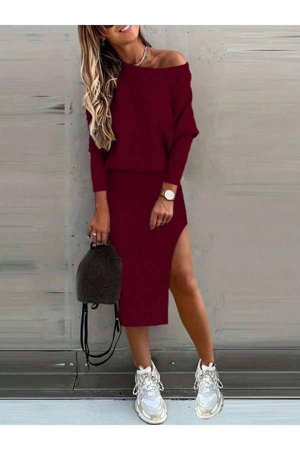 Kadın Uzun Kollu Düşük Omuz Yırtmaç Detay Kaşkorse Etek Bluz Ikili Takım