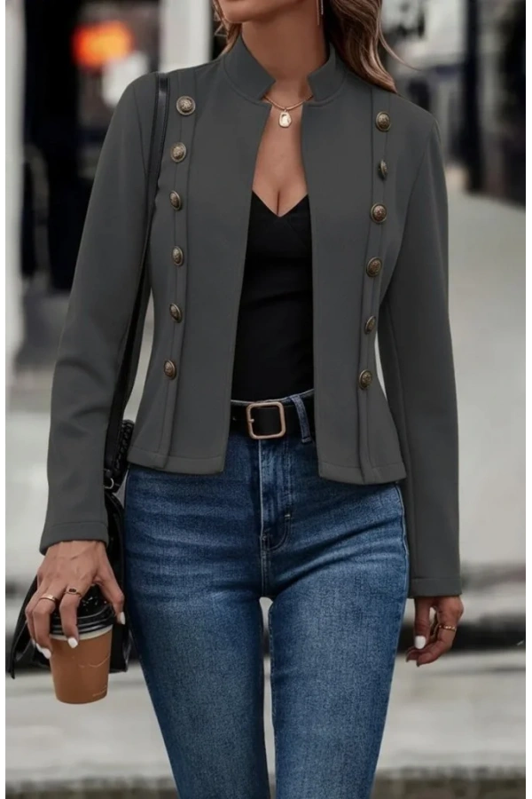 Kadın Uzun Kollu Hakim Yaka Yanlardan Düğmeli Kısa Süet Ceket